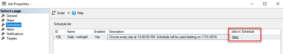 Schedule accessed from the job properties