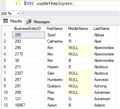 Modify stored procedure, middle name