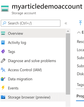 This image shows of where to access Storage browser from