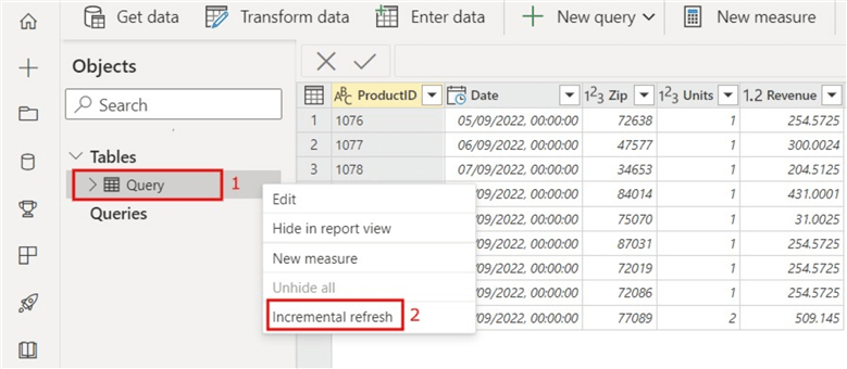 How to configure incremental refresh in a Datamart