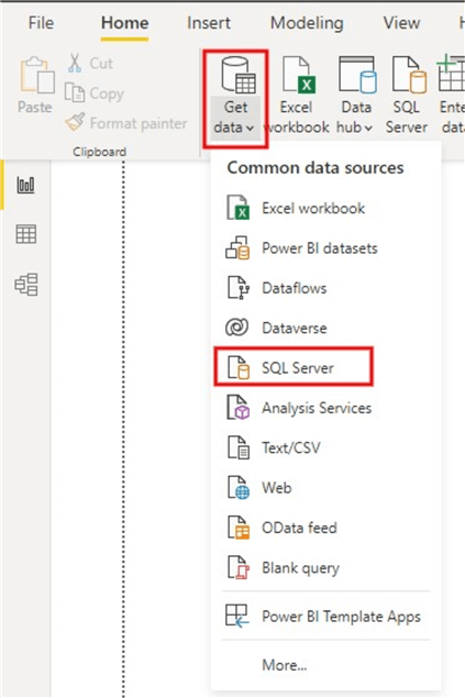 Image showing how to use the SQL Server connector in Power BI Desktop