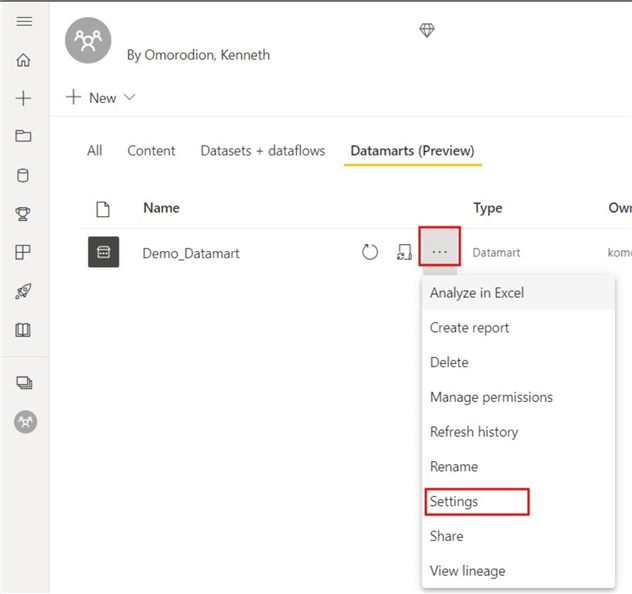 Image showing how to get to Datamart Settings in Power BI Service