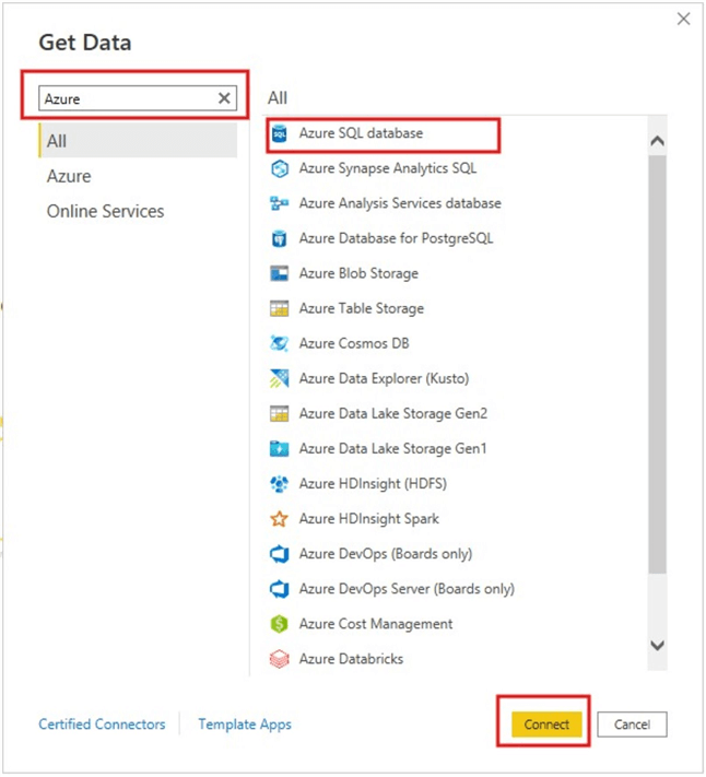 Image showing how to use the Azure SQL database connector in Power BI Desktop&#xA;