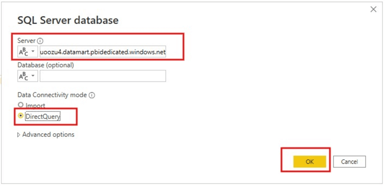 Image showing how to paste the Datamart connection string in the Azure SQL database connector while using Direct Query mode&#xA;