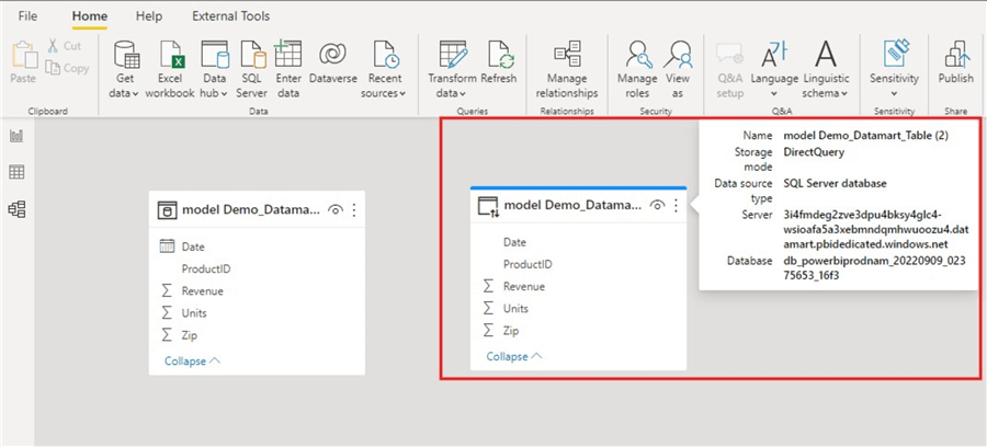 Image showing Azure SQL database connection to Datamart on DQ mode&#xA;