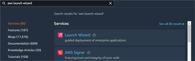 Launch wizard search results