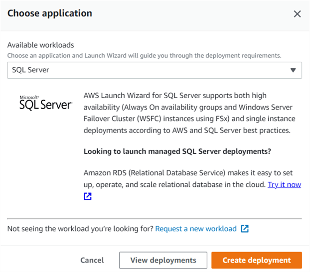AWS Launch Wizard-Choose application prompt