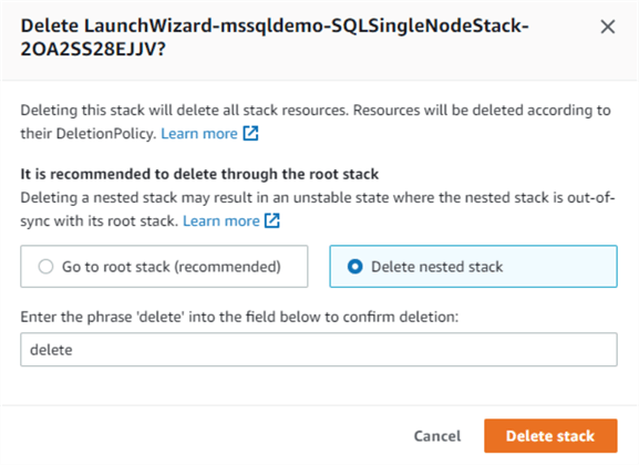 Clean up launch wizard&#xA;delete nested stack