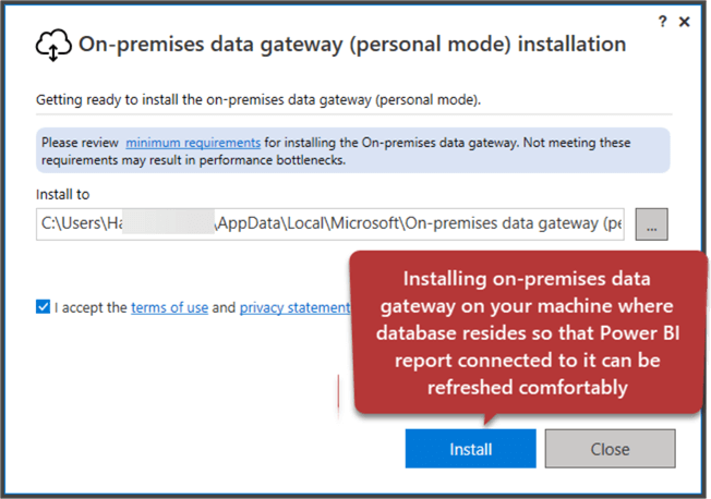 On-premises data gateway installation window