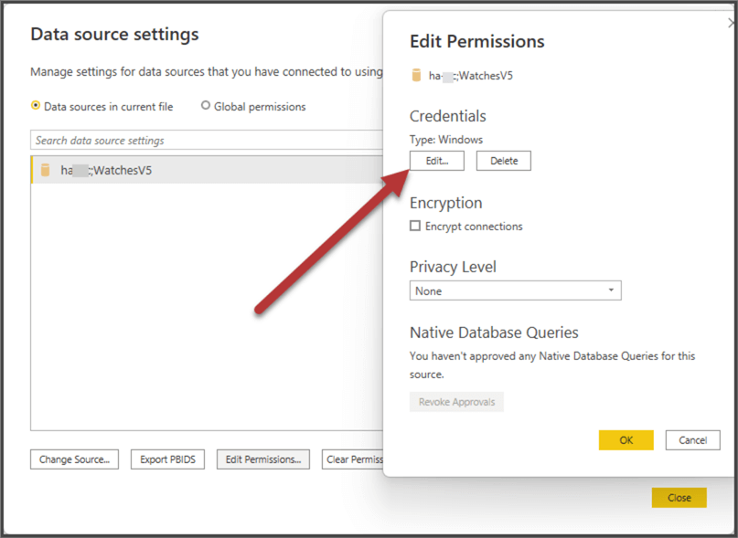 Clicking on Edit button of Data source settings=>Edit Permissions