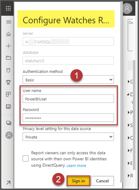 Adding PowerBIUser user name and password to connect to report data (on-premises database)