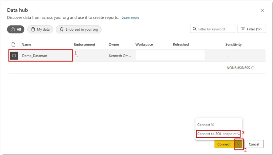 Image showing how to navigate to make an import connection in Datamarts connector in Power BI Desktop.