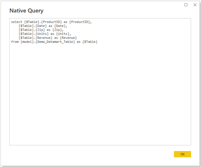 Image showing Native Query for Query Folding in Power Query editor.