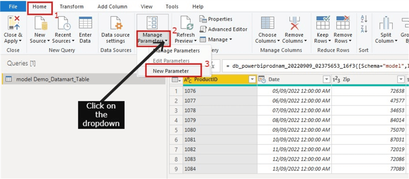 Image showing how to create incremental refresh Parameters in Power Query editor.