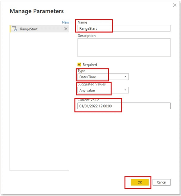 Image showing how to create incremental refresh Parameters in Power Query editor - RangeStart