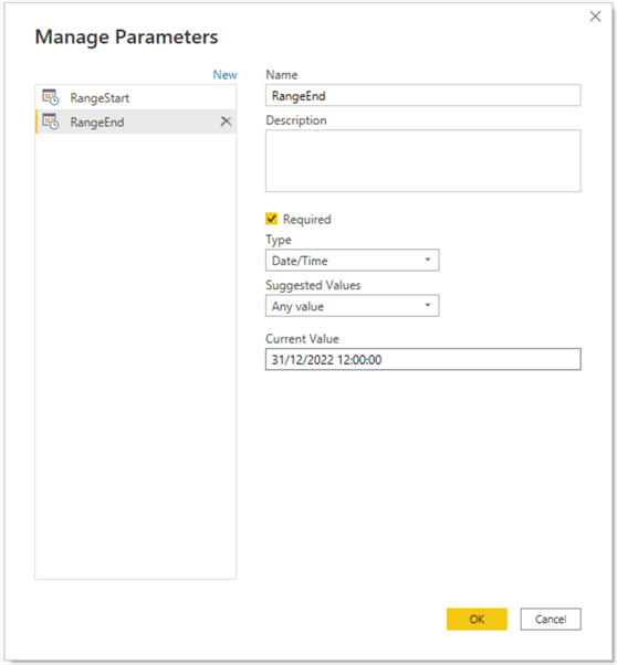 Image showing how to create incremental refresh Parameters in Power Query editor - RangeEnd