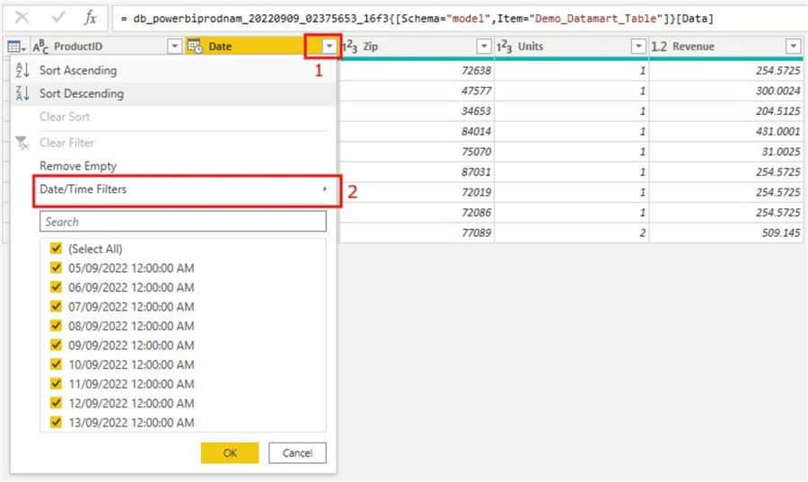 Image showing how to configure incremental refresh Parameters on datetime column