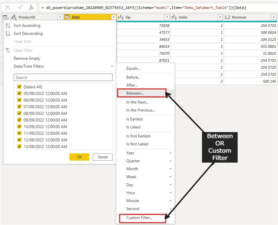Image showing how to configure incremental refresh Parameters on datetime column v2