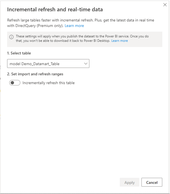 Image showing how to configure an incremental refresh policy on a dataset in Power BI Desktop v2