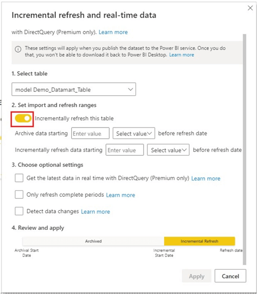 Image showing how to configure an incremental refresh policy on a dataset in Power BI Desktop v3