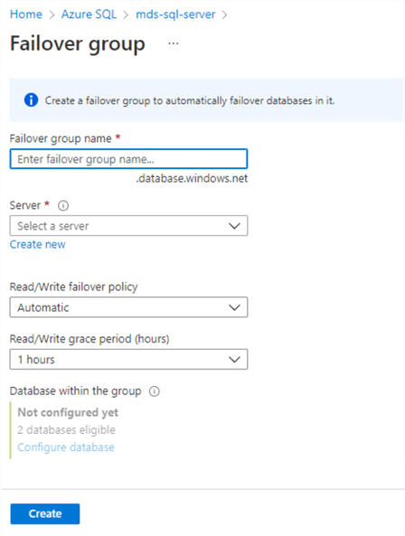 Failover group creation page