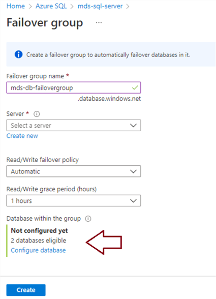 Failover group creation page