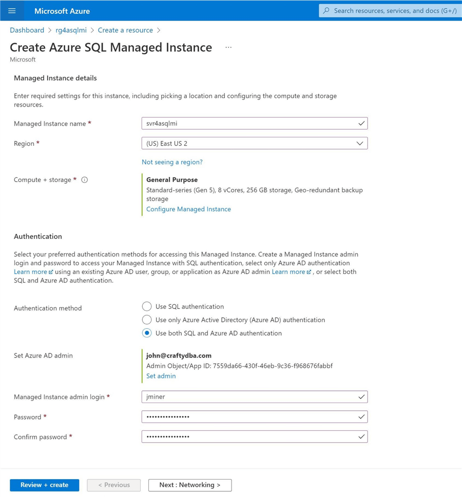 Azure SQL Managed Instance - Choose options for portal deployment