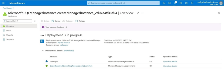 Azure SQL Managed Instance - Portal deployment is in progress.