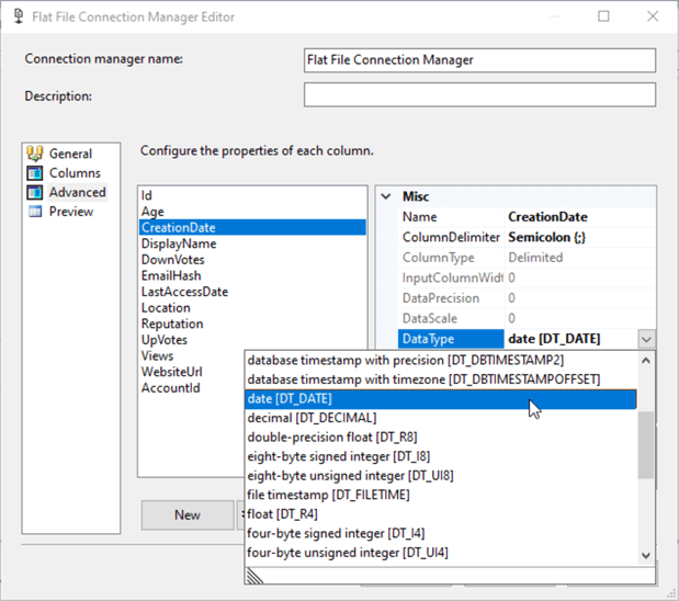 Changing data types in flat file connection manager