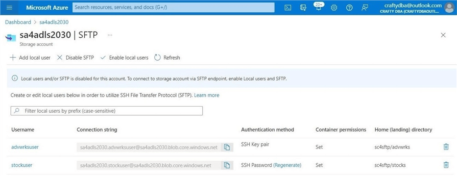 SFTP protocol for ABS - Review the two new local user accounts.