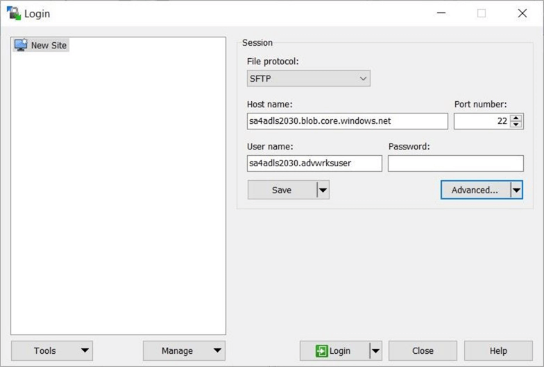 SFTP protocol for ABS - Create a new site for WinSCP.