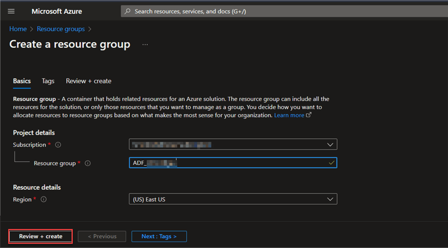Subscription Type Name the resource group and select the subscription you are currently using.