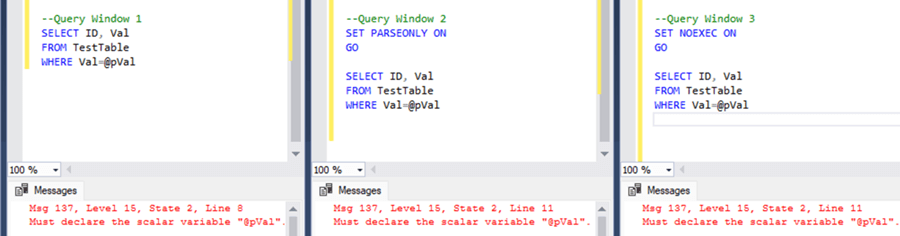 Non-declared variable in the query makes the query syntactically incorrect, so even the parsing fails