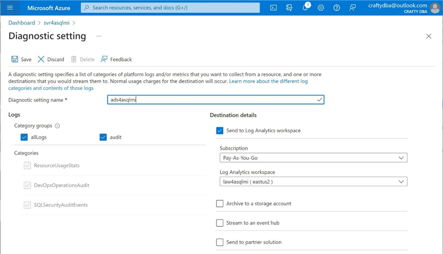 Enable Auditing - Azure SQL MI - Choose all logs to go to log analytics workspace for the server.