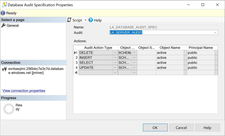 Enable Auditing - Azure SQL MI - Validate database audit specification was created for log analytics.
