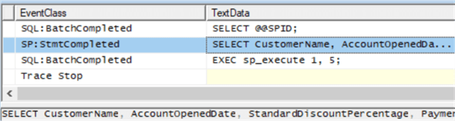 This screenshot of SQL Profiler shows that the BatchCompleted object only sees the sp_execute data and not the actual query.  Only the SP:StmtCompleted line shows the actual query.