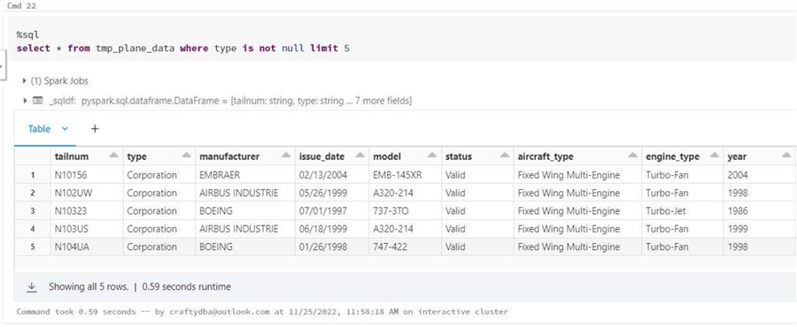 Spark File + Hive Tables - show sample data from tmp_airplane_data view.
