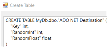 create table MyDb.dbo."ADO NET Destination"