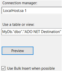 Use table MyDb.dbo."ADO NET Destination"