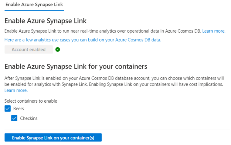 choose for which containers you want to enable the analytical store