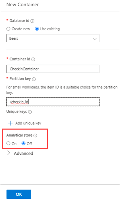 create new container with analytical store already enabled