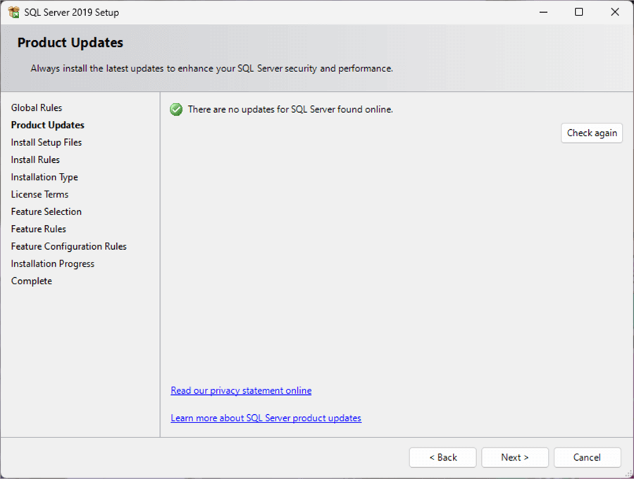sql sever 2019 express edition install product updates