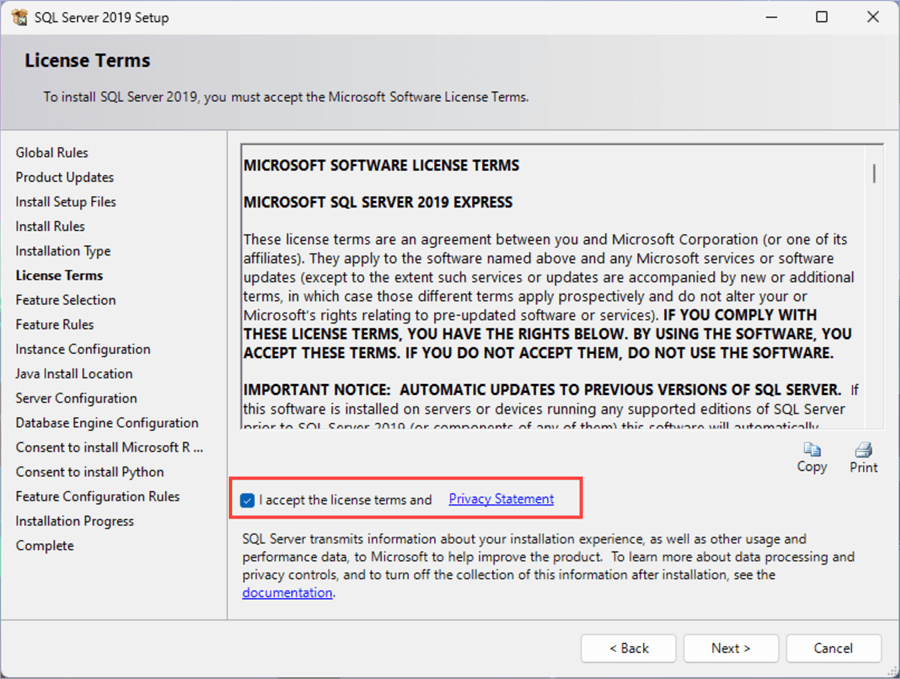 sql sever 2019 express edition install license terms