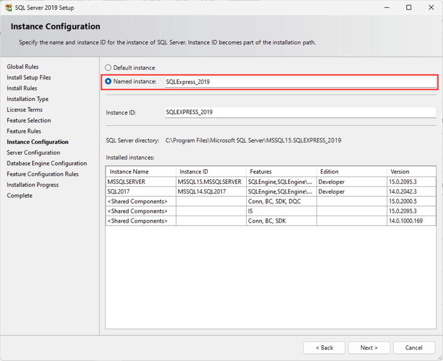 sql sever 2019 express edition install instance configuration