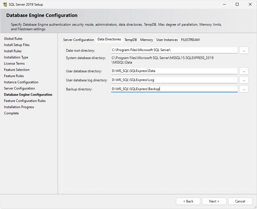 sql sever 2019 express edition install database engine configuration