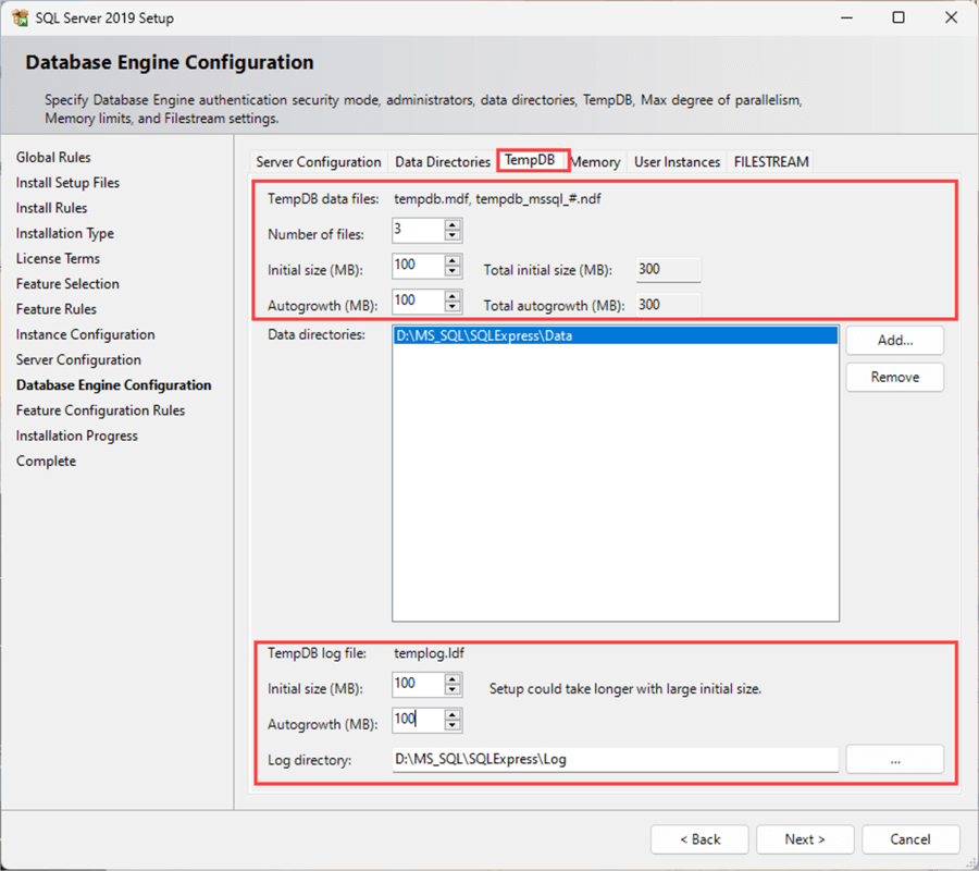 sql sever 2019 express edition install database engine configuration