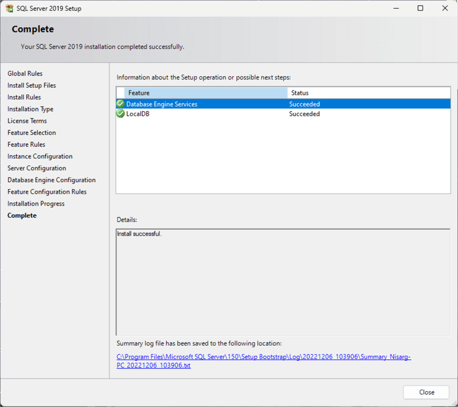 sql sever 2019 express edition install complete