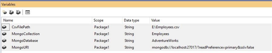 Adding the variables to the SSIS package
