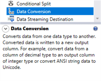 data conversion transformation description in the SSIS toolbox