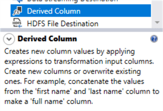 The derived column transformation description in the SSIS toolbox